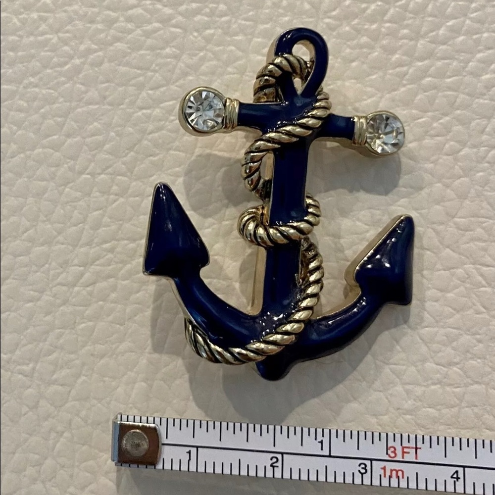 Napier Brooch BOAT ANCHOR Gold Tone Setting Navy Enamel Rhinestones PIN 1.5” H - Picture 3 of 8